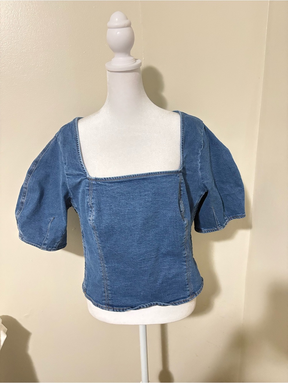 Old Navy Blue Square-Neck Puff Sleeve Denim Top - Picture 2 of 5